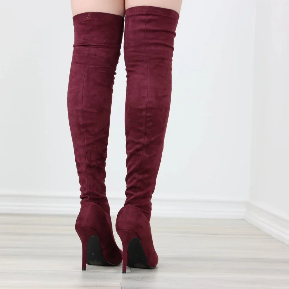 Wine Women's Thigh High Boots Faux Suede Pointed Toe Stilettos - Picture 14 of 15